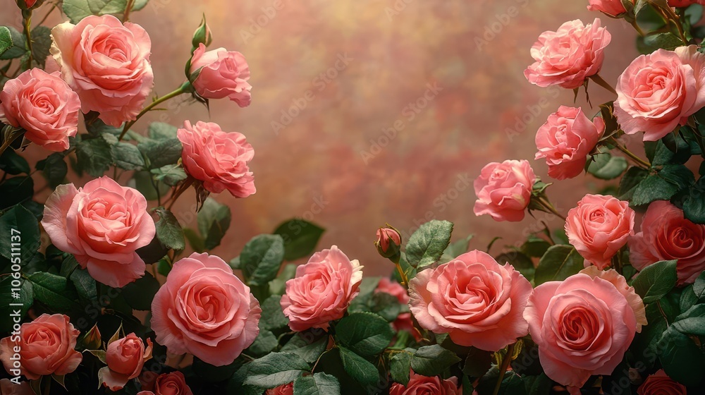 a closeup view of blooming pink roses artfully arranged on a table creating a romantic floral frame with empty space ideal for elegant design and decoration