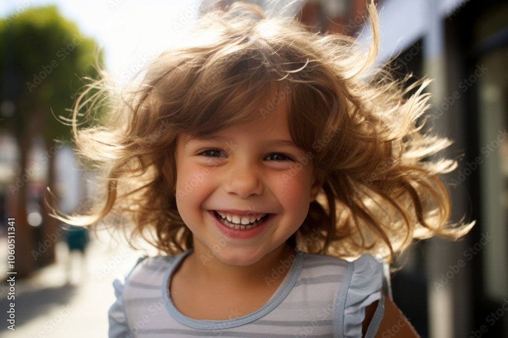 Portrait of a smiling little girl with curly hair on the street Portrait of a smiling little girl with curly hair on the street