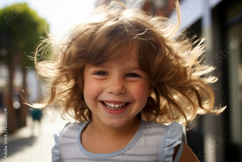 Portrait of a smiling little girl with curly hair on the street