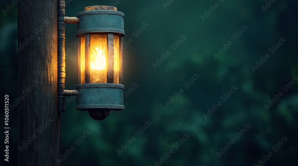 Illuminated rustic lantern mounted on a wooden pole with a glowing flame design, set against a blurred, dark green forest background. Illuminated rustic lantern mounted on a wooden pole with a glowing flame design, set against a blurred, dark green forest background.