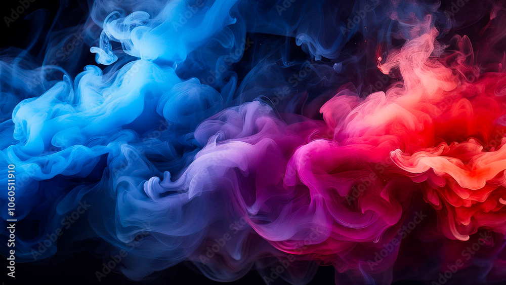 Thick clouds of blue, red and pink colors that mix to create a gradient on a dark background.