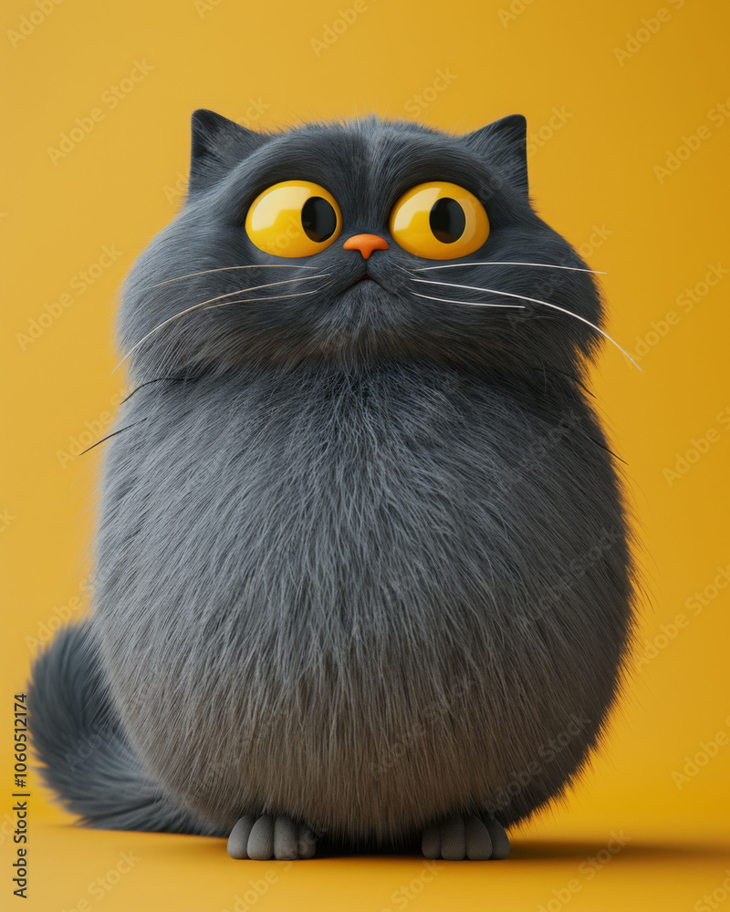 Fototapeta premium Fluffy grey cat with large yellow eyes, sitting against bright yellow background, exuding playful and adorable charm
