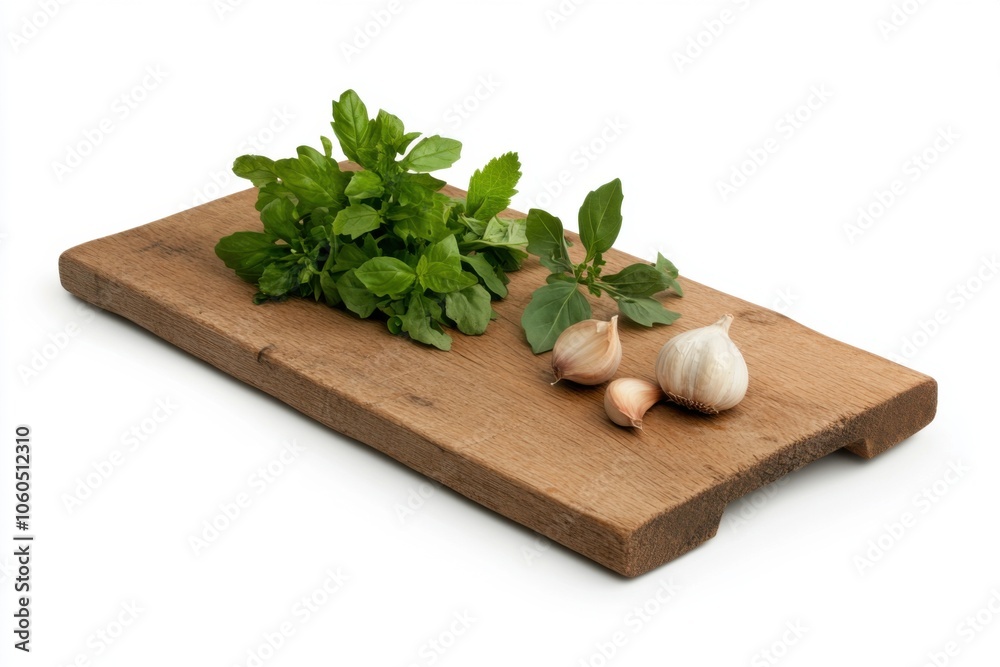 Fresh ingredients including leafy herbs and garlic on a wooden cutting board, ideal for cooking and garnishing. Fresh ingredients including leafy herbs and garlic on a wooden cutting board, ideal for cooking and garnishing.