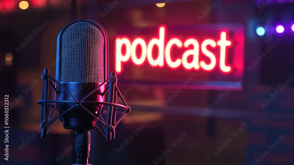 A professional microphone in a recording studio with a neon sign that says 