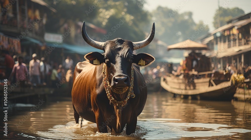 A brown and black cow with horns stands in a canal, looking at the camera, with people and boats in the background. A brown and black cow with horns stands in a canal, looking at the camera, with people and boats in the background.