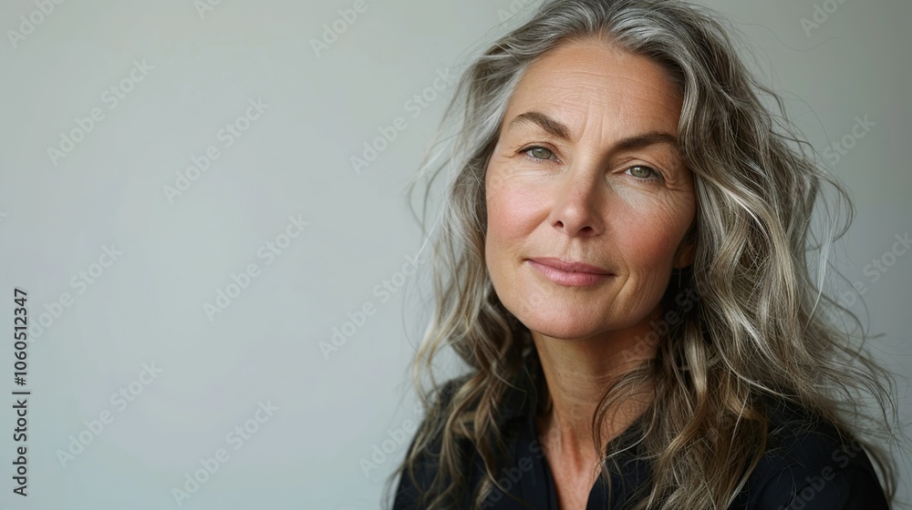 A middle-aged woman with grey hair looks confidently at the camera with a slight smile. A middle-aged woman with grey hair looks confidently at the camera with a slight smile.
