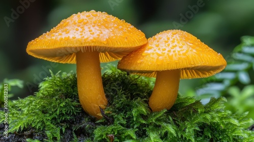 Vibrant Yellow Mushrooms Emerging from Lush Green Moss in a Rain-Kissed Forest Setting