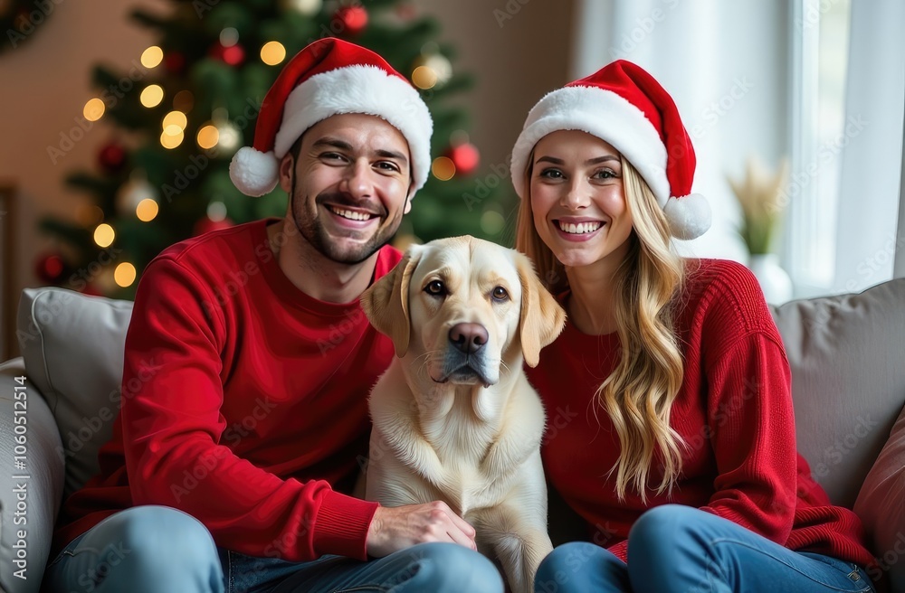 A happy young couple with a Labrador dog celebrate Christmas A happy young couple with a Labrador dog celebrate Christmas