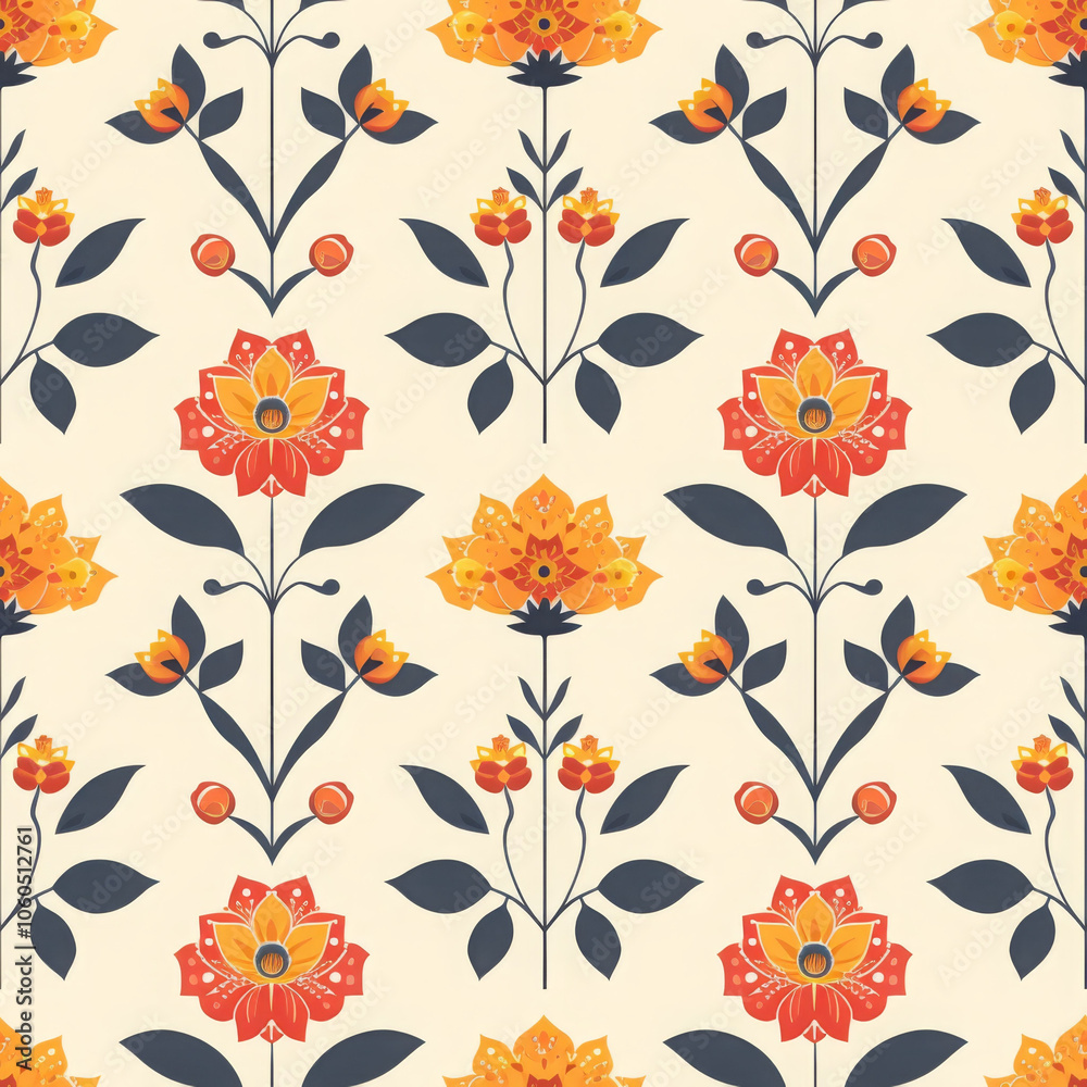Bright floral pattern featuring orange and yellow flowers with dark green leaves on light background, perfect for textile design or wallpaper Bright floral pattern featuring orange and yellow flowers with dark green leaves on light background, perfect for textile design or wallpaper