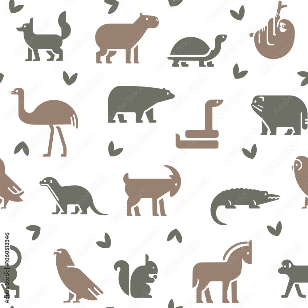 Fototapeta premium Wild animals seamless pattern. Crocodile, monkey, capybara, eagle, owl, turtle, sloth, horse, squirrel, ostrich, otter, fox. Cute, warm, flat design, vector set