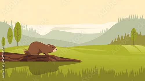 Marmot Standing on a Log in a Mountainous Landscape photo