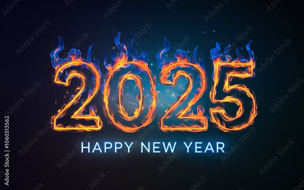 Text Happy New Year 2025 on blue background with Fire Brushes or Flame Texture Overlays Text Happy New Year 2025 on blue background with Fire Brushes or Flame Texture Overlays