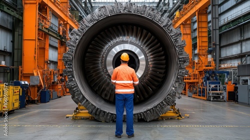 A worker inspects a large jet engine in a high-tech manufacturing facility, highlighting industrial work and engineering prowess.
