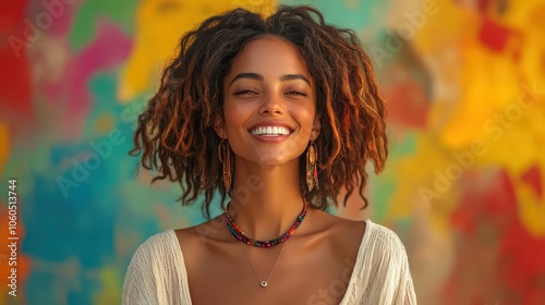 a confident woman dances gracefully radiating selfassurance and joy set against a vibrant abstract background that enhances her expressive movements photo