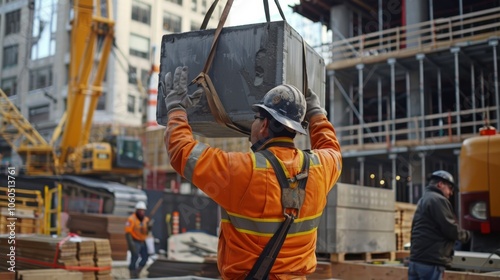 In the midst of a busy construction site a worker guides a crane operator with focused hand signals to place a load in a specific location. photo