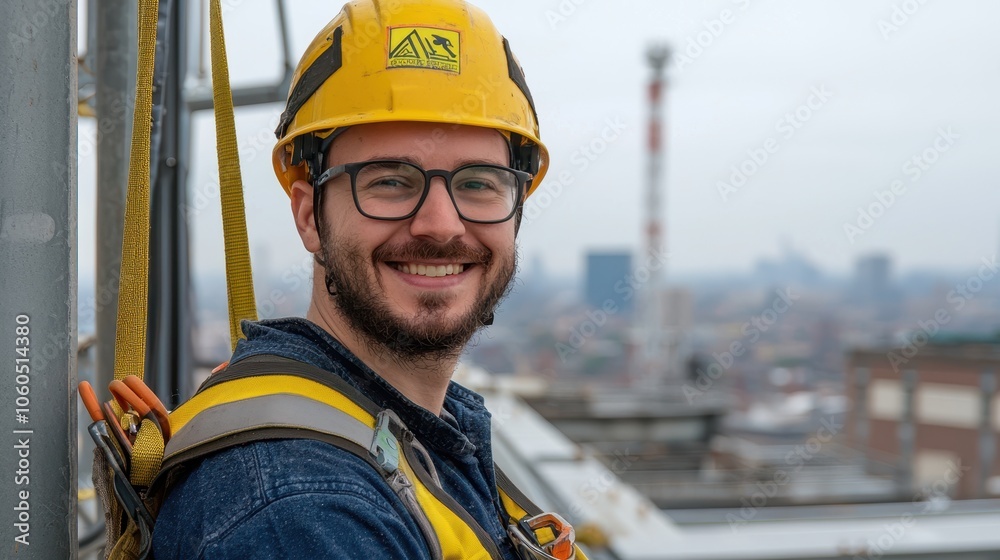 A smiling man in a safety helmet and gear, confidently posing on a construction site against an urban backdrop. A smiling man in a safety helmet and gear, confidently posing on a construction site against an urban backdrop.
