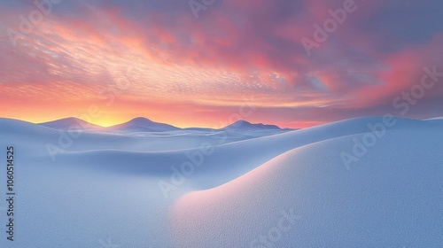 Vast snow-covered plateau under a dawn sky with subtle hues of pink and orange reflecting off the pure white landscape the scene captures the quiet isolation of winter with gentle slopes leading