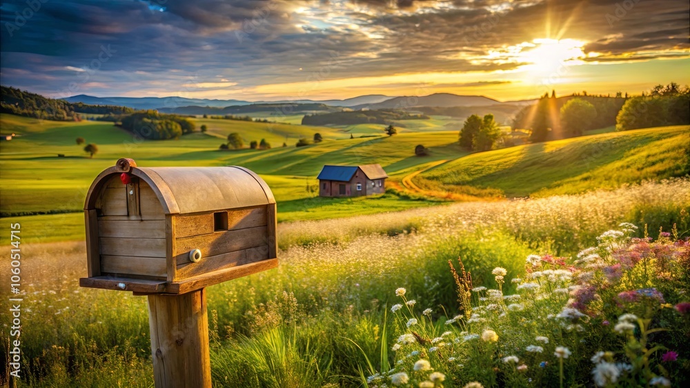 A rustic mailbox stands tall in a meadow bathed in golden light, a quaint house nestled in the distance, as the sun dips below the horizon, casting long shadows across the rolling hills. A rustic mailbox stands tall in a meadow bathed in golden light, a quaint house nestled in the distance, as the sun dips below the horizon, casting long shadows across the rolling hills.