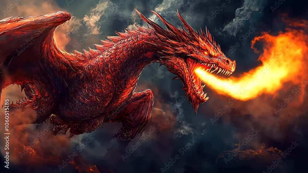 A red dragon with glowing eyes and a fiery breath is emerging from the clouds. Seamless looping video background animation. Generated with AI
A red dragon with glowing eyes and a fiery breath is emerging from the clouds. Seamless looping video background animation. Generated with AI