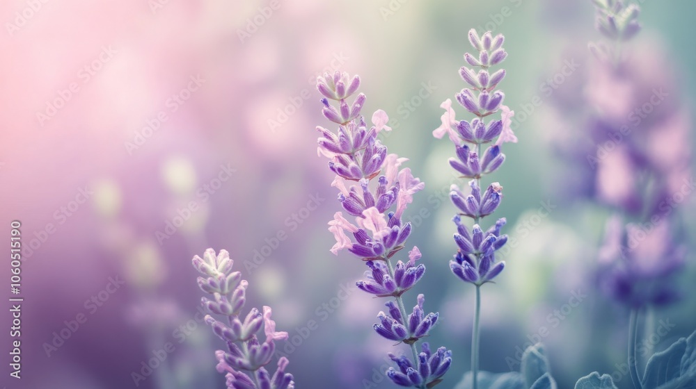 Lavender flowers blooming in soft light with a dreamy, ethereal background. Lavender flowers blooming in soft light with a dreamy, ethereal background.