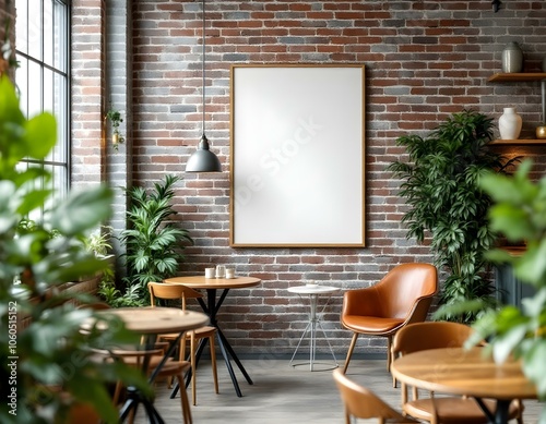 Cozy Café Corner Poster Mockup. Rustic Brick Wall with Warm Lighting, Vintage Decor, and Green Plants