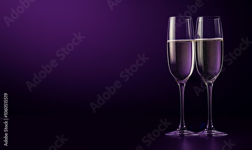 Two isolated Champagne Glasses in front of an dark purple Background. Festive Template for Holidays and Celebrations