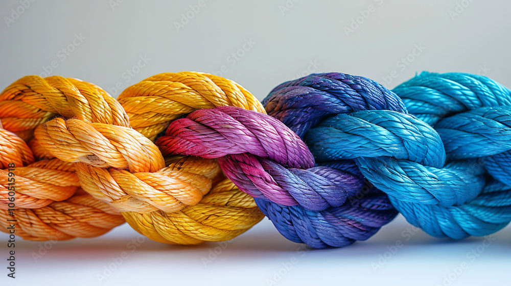 Colorful ropes intertwined, creating a strong bond, symbolizing unity and teamwork