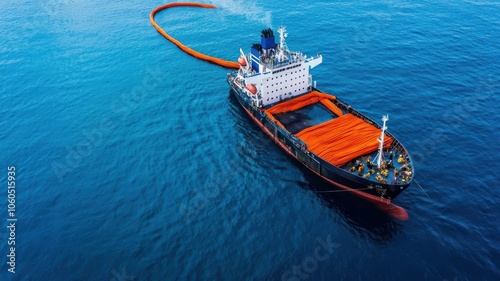 An oil spill response ship at sea, deploying booms to contain a large spill in open water   oil spill containment, response ship, environmental protection photo