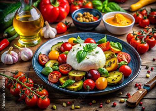 Delicious Burrata Cheese with Roasted Vegetables, Garnished with Fresh Basil and Olive Oil - A Culinary Delight for Food Lovers