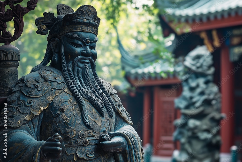An ornate, ancient statue stands majestically in the temple garden's serene setting with lush greenery. An ornate, ancient statue stands majestically in the temple garden's serene setting with lush greenery.
