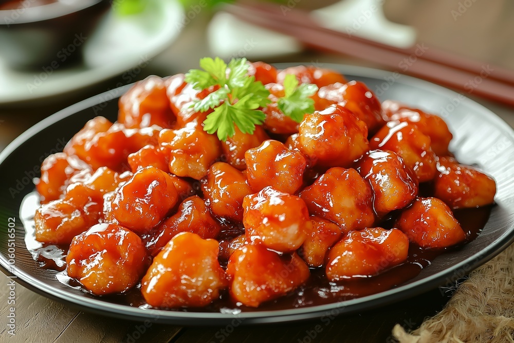 Pile of sweet and sour chicken glazed with sauce is served on a black plate, a perfect blend of sweet and tangy flavors. Pile of sweet and sour chicken glazed with sauce is served on a black plate, a perfect blend of sweet and tangy flavors.