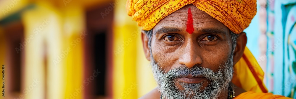 An elderly man dressed in brightly colored attire exudes a peaceful and sacred presence, showcasing spirituality. An elderly man dressed in brightly colored attire exudes a peaceful and sacred presence, showcasing spirituality.