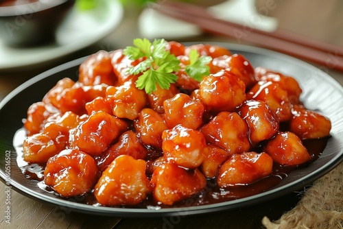 Pile of sweet and sour chicken glazed with sauce is served on a black plate, a perfect blend of sweet and tangy flavors. photo