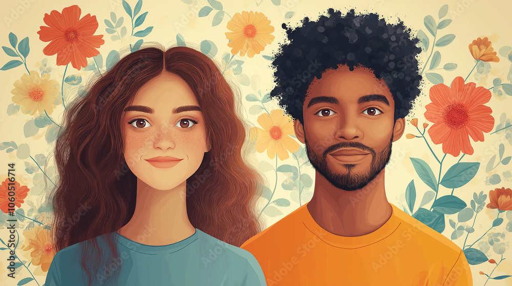 Happy couple in floral background smiling at camera Happy couple in floral background smiling at camera