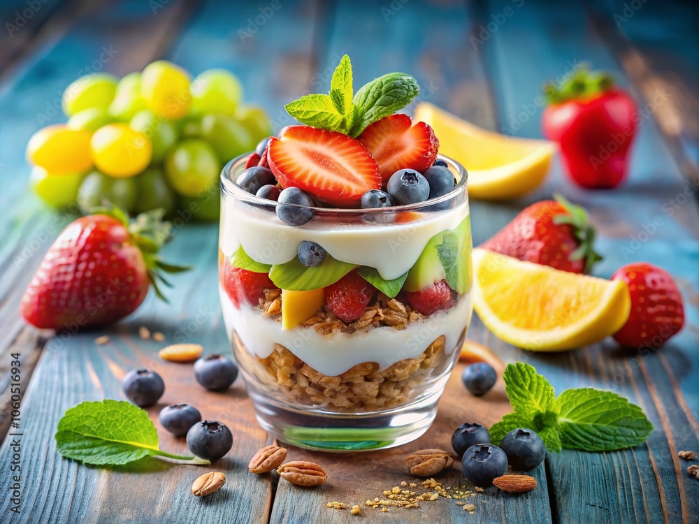 Delicious Granola Parfait with Yogurt, Fresh Fruit, and Berries - 3D Illustration of a Healthy Breakfast Delight with Natural Ingredients and Vibrant Colors Delicious Granola Parfait with Yogurt, Fresh Fruit, and Berries - 3D Illustration of a Healthy Breakfast Delight with Natural Ingredients and Vibrant Colors