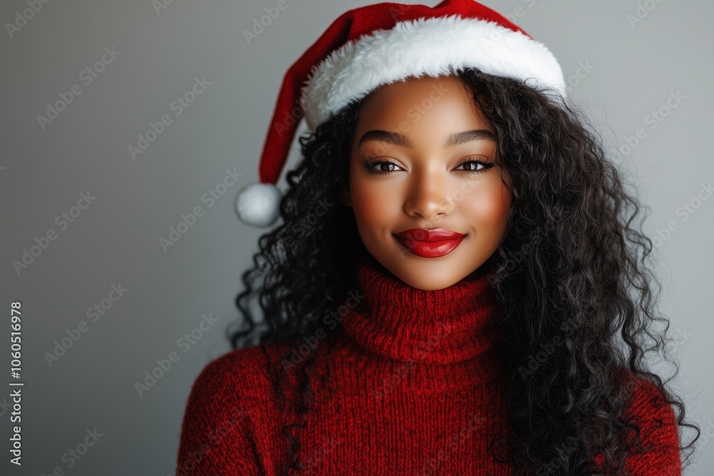 African American woman with long curly hair, red lipstick, red turtleneck sweater, santas hat, white background African American woman with long curly hair, red lipstick, red turtleneck sweater, santas hat, white background