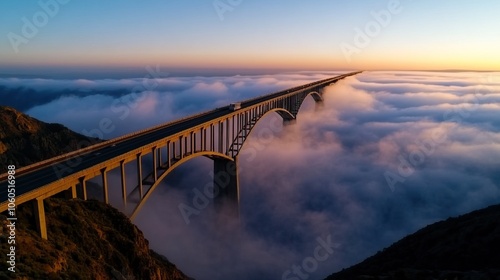 Wallpaper Mural A stunning aerial view of a bridge stretching over a sea of clouds during sunset, creating a serene and picturesque landscape. Torontodigital.ca