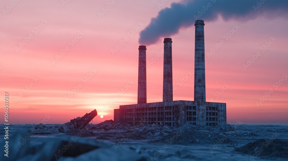 A silhouetted industrial structure emits smoke against a vibrant sunset, highlighting environmental concerns in an urban landscape. A silhouetted industrial structure emits smoke against a vibrant sunset, highlighting environmental concerns in an urban landscape.