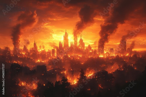 a devastated city engulfed in flames smoke billowing into the sky with silhouettes of ruined buildings and a dramatic fiery atmosphere conveying destruction and chaos in a stark landscape