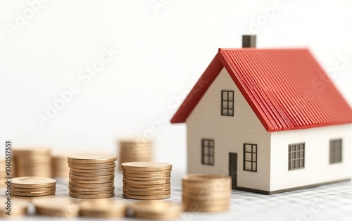 A miniature house sits beside stacks of coins, symbolizing real estate investment and financial growth in a soft, neutral-tone setting.