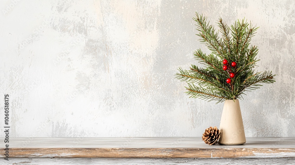 Fototapeta premium A minimalist display featuring a vase with greens and red berries, complemented by a pine cone, set against a textured light wall.