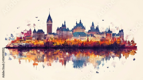 Quebec, Pop Art style theme print. Cityscape, city skyline.Vibrant, bright, modern, trendy, graphic designed for poster, card, wallpaper