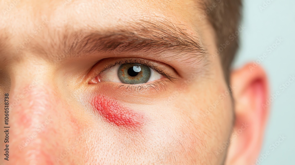 Obraz premium Closeup of a person with allergic contact dermatitis on the face, showing red, itchy patches from a skin reaction contact dermatitis, red skin, allergic reaction