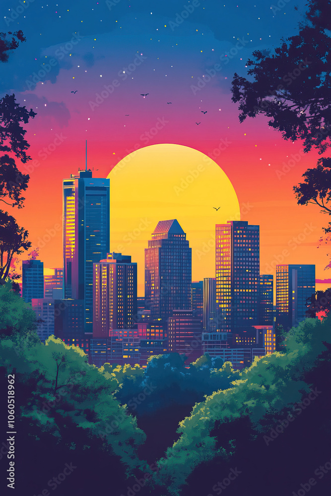 Fototapeta premium Raleigh, USA, Pop Art style theme print. Cityscape, city skyline.Vibrant, bright, modern, trendy, graphic designed for poster, card, wallpaper