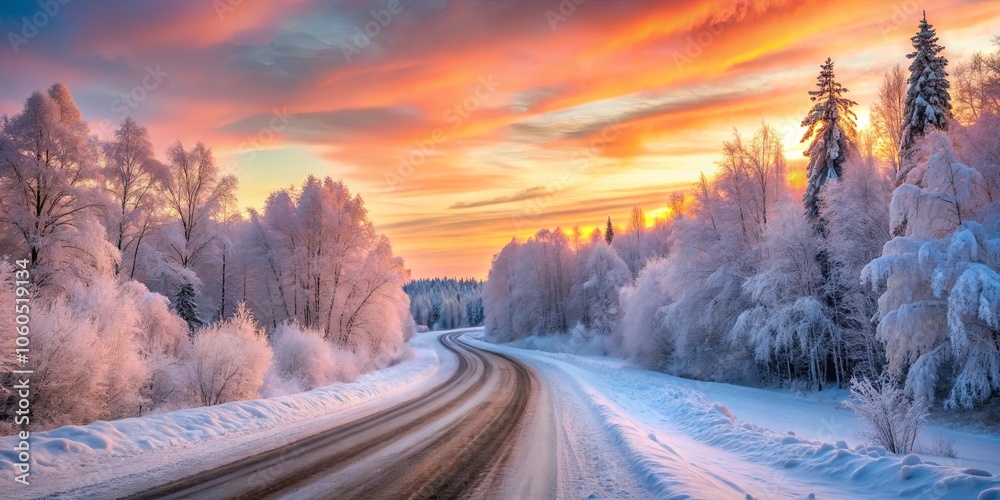 A winding road through a snow-covered forest, bathed in the warm glow of a vibrant sunset, with frost-covered trees standing tall against the brilliant sky. A winding road through a snow-covered forest, bathed in the warm glow of a vibrant sunset, with frost-covered trees standing tall against the brilliant sky.
