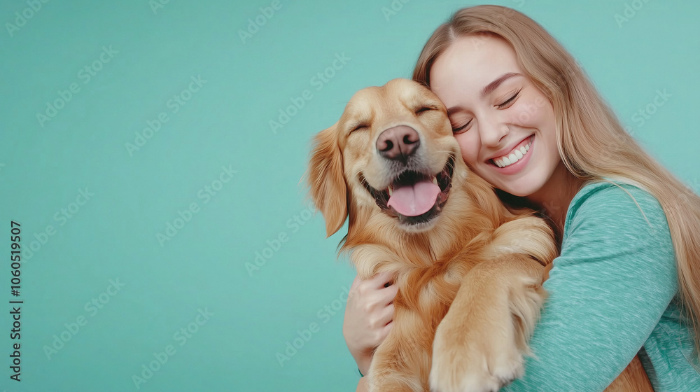 Young smiling happy cheerful owner woman with her best friend retriever Young smiling happy cheerful owner woman with her best friend retriever