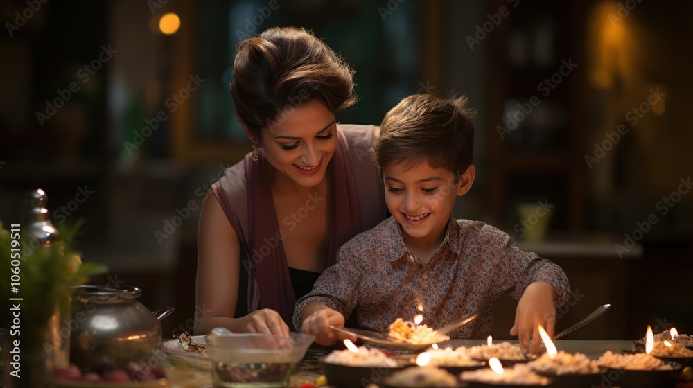 A mother and her son are cooking together in a kitchen. They are smiling and look happy. A mother and her son are cooking together in a kitchen. They are smiling and look happy.