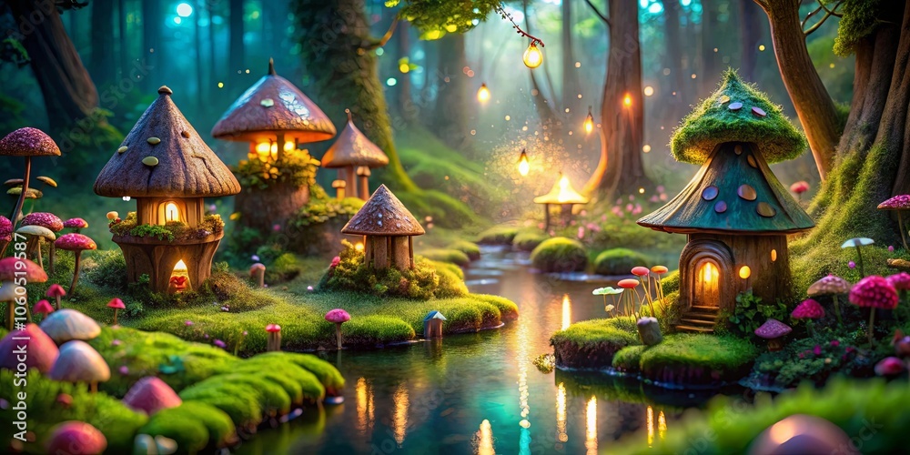 Fototapeta premium Enchanted Woodland With Tiny Homes Glowing With Warm Light