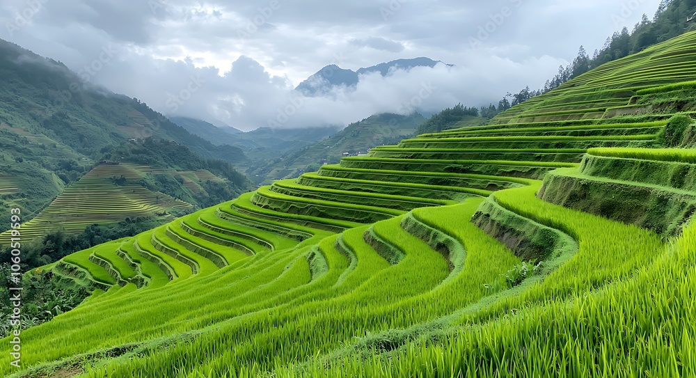Lush green terraced rice fields flourish in scenic landscape under cloudy skies Lush green terraced rice fields flourish in scenic landscape under cloudy skies