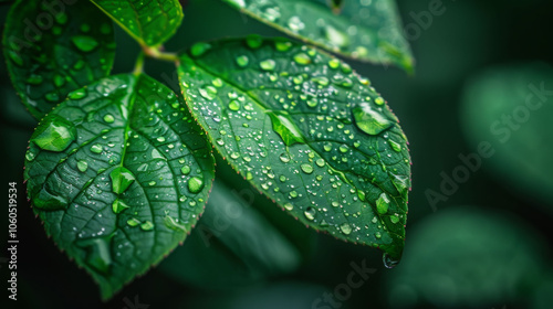 Dewy leaves glisten with droplets of water, showcasing natures beauty and freshness. vibrant green hues and intricate textures create serene and refreshing atmosphere